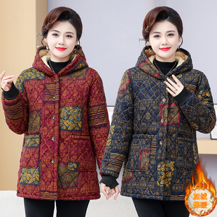 妈妈装冬季加绒加厚连帽棉衣外套中老年女保暖棉袄复古印花棉服