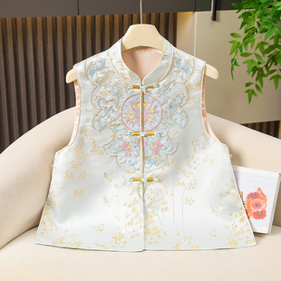 新中式马甲真丝坎肩女款春秋国风刺绣盘扣马夹夏季外搭粉色短外套
