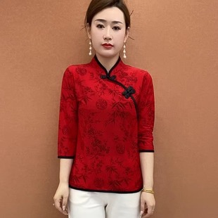 直播间同款 妈妈装 网红款 中老年女装 斜襟盘扣T恤 中袖 改良旗袍小衫