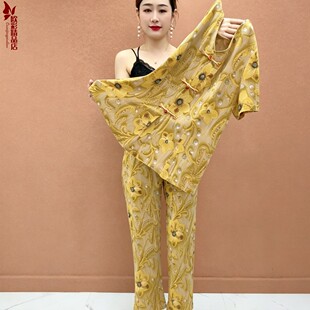 新中式妈妈装40-50岁时尚印花修身短袖T恤中老年女装夏装两件套装