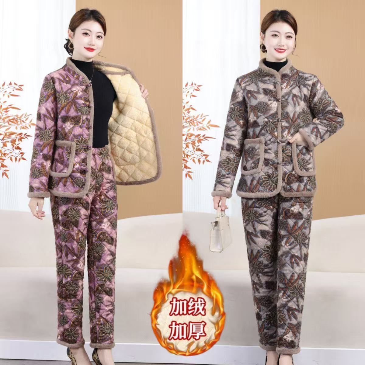 冬季新款妈妈装加厚棉衣棉裤套装