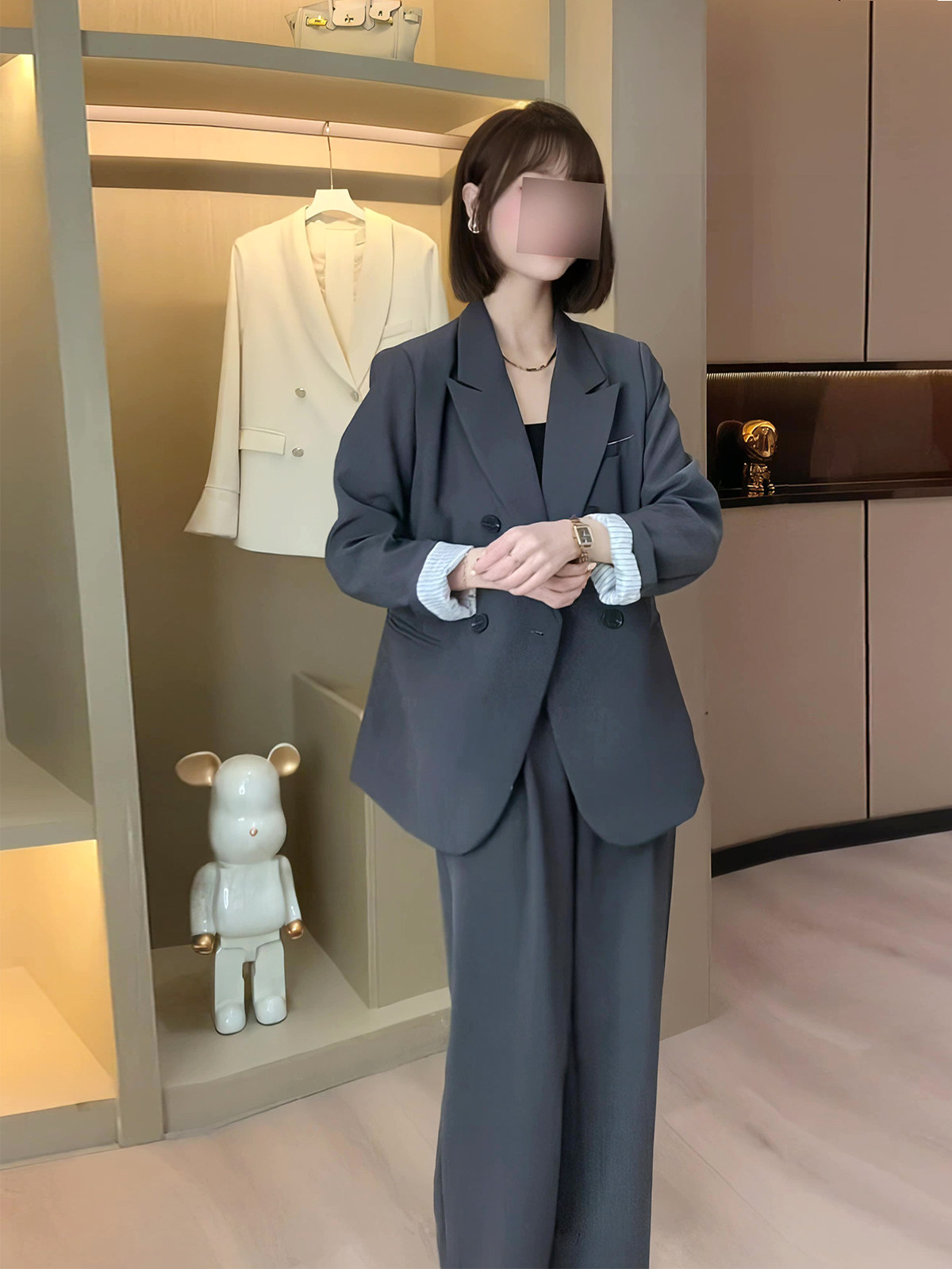 가을 캐주얼 패션 정장 여성의 새로운 디자인 회색 정장 재킷 슬리밍 넓은 다리 바지 투피스 세트