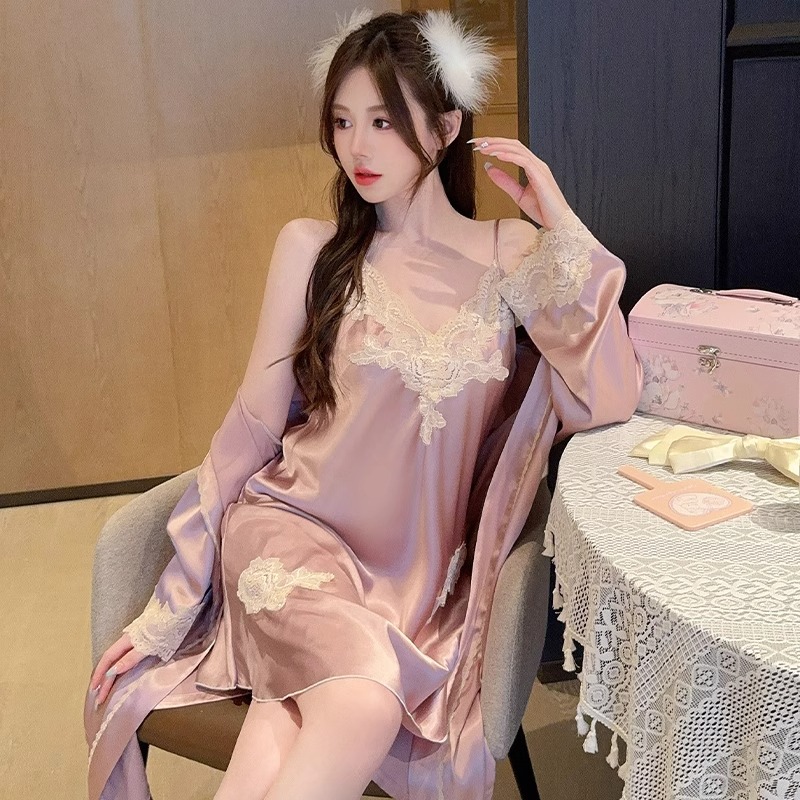 Long sleeve robe Ice silk camisole Sleeping clothes and skirts Girls Spring and Autumn Thin money sexy Summer style Home Furnishings Two piece suit