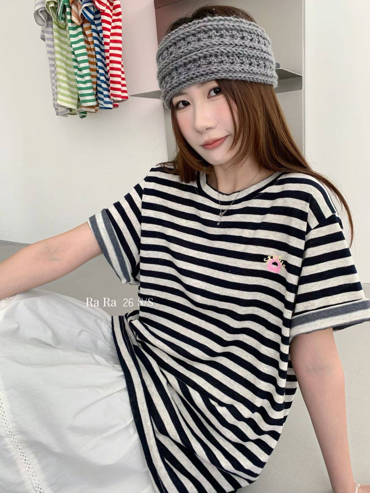 26夏新款雪花麻韩版大版条纹短袖T恤女