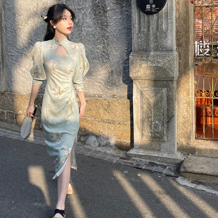 碎花旗袍镂空开叉设计修身 春夏新中式 连衣裙长裙女 欲晚意 DAC