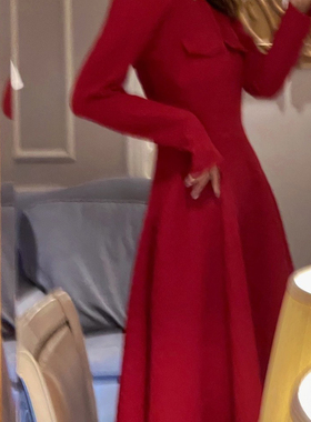 DAC 原创设计港风复古长袖圆领收腰连衣裙春显瘦中长款法式伞裙子