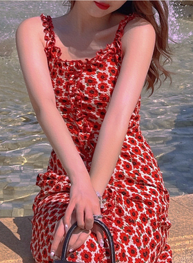 DAC 小众复古碎花吊带裙木耳花边A字裙2024夏季新款印花连衣裙长