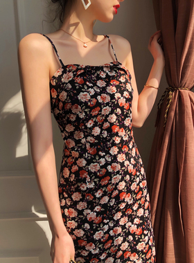 DAC 2024春夏新品复古油画风收腰显瘦碎花吊带连衣裙中长款裙子