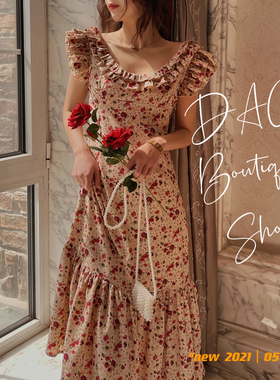 DAC 重工荷叶边巨显瘦U领一字肩法式浪漫碎花连衣裙24新长裙女夏