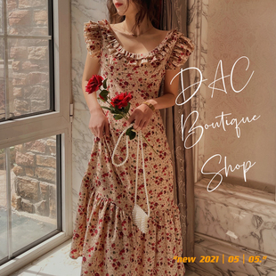 DAC 浪漫碎花连衣裙24新长裙女夏 重工荷叶边巨显瘦U领一字肩法式