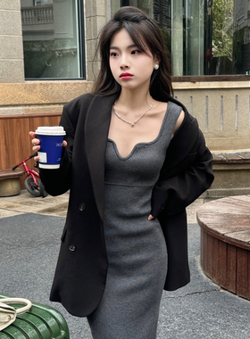 DAC 【细品】春夏灰色针织打底弹力修身休闲小众长款包臀连衣裙女