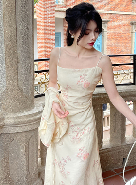 DAC 24新款斜裁设计感高级印花修身显瘦中长款连衣裙女