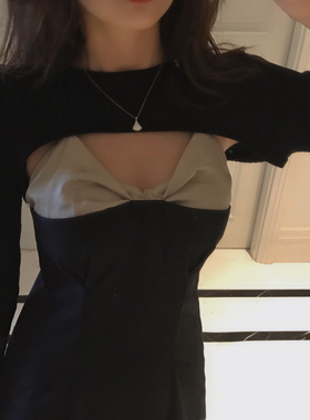 DAC 小众设计师款复古拼接吊带连衣裙长裙+长袖短款针织衫两件套