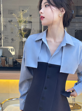 DAC 小众设计衬衫拼接西装气质长袖收腰显瘦连衣裙不规则长裙