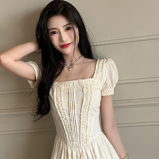 新款 DAC慕斯告白 收腰连衣裙纯色大摆长裙夏季 方领泡泡短袖 法式