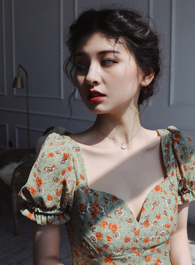 DAC 英式复古雪纺碎花短袖连衣裙2024夏泡泡袖收腰显瘦中长款裙子