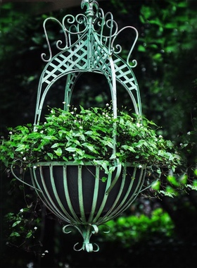 铁艺吊篮花盆绿色复古做旧悬挂花架户外庭院花园绿萝月季收纳装饰