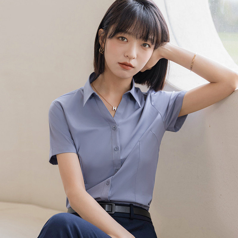 v领灰色衬衫女夏季正装工装面试职业套装修身短袖衬衣银行工作服