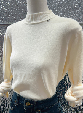 杏色半高领正肩针织打底衫女2025冬高领长袖内搭修身中领上衣新款