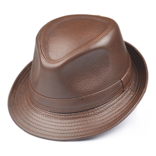 新款男士真皮爵士帽秋冬牛皮绅士礼帽中老年爸爸短檐复古风皮帽