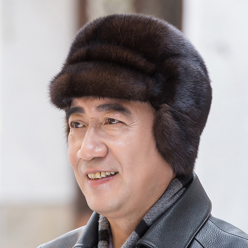 貂皮帽子男士整貂冬水貂帽子皮草中老年貂帽男款父亲老人貂毛冬帽