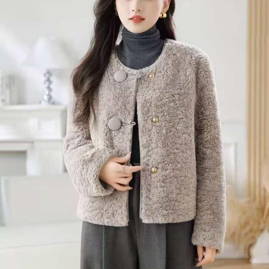 羊剪绒大衣短圆领小香风皮草外套