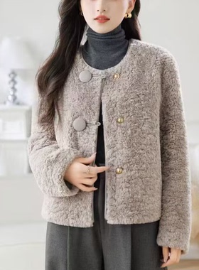 绮绣缘86619新款羊剪绒大衣短款圆领小香风羊毛皮毛一体皮草外套