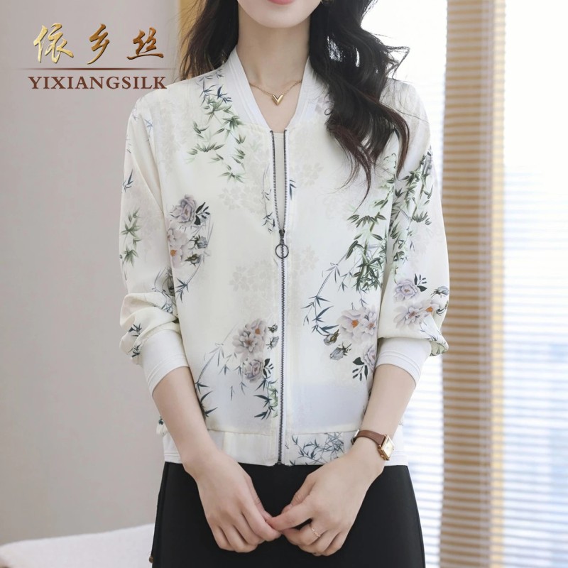 6667春夏新款棒球领真丝开衫女时尚印花拉链双绉蚕丝外套防晒衣