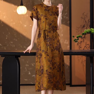 SYHY5470优雅气质圆领国风收腰系带印花真丝收腰显瘦旗袍版 连衣裙