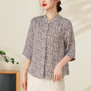 馨蝉6819优雅气质国风圆领真丝印花轻奢民族风女开襟衬衫 上衣夏季