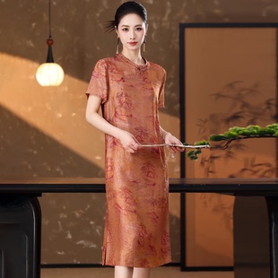 连衣裙 中长款 SYHY5411优雅气质国风圆领斜襟改良版 旗袍真丝短袖