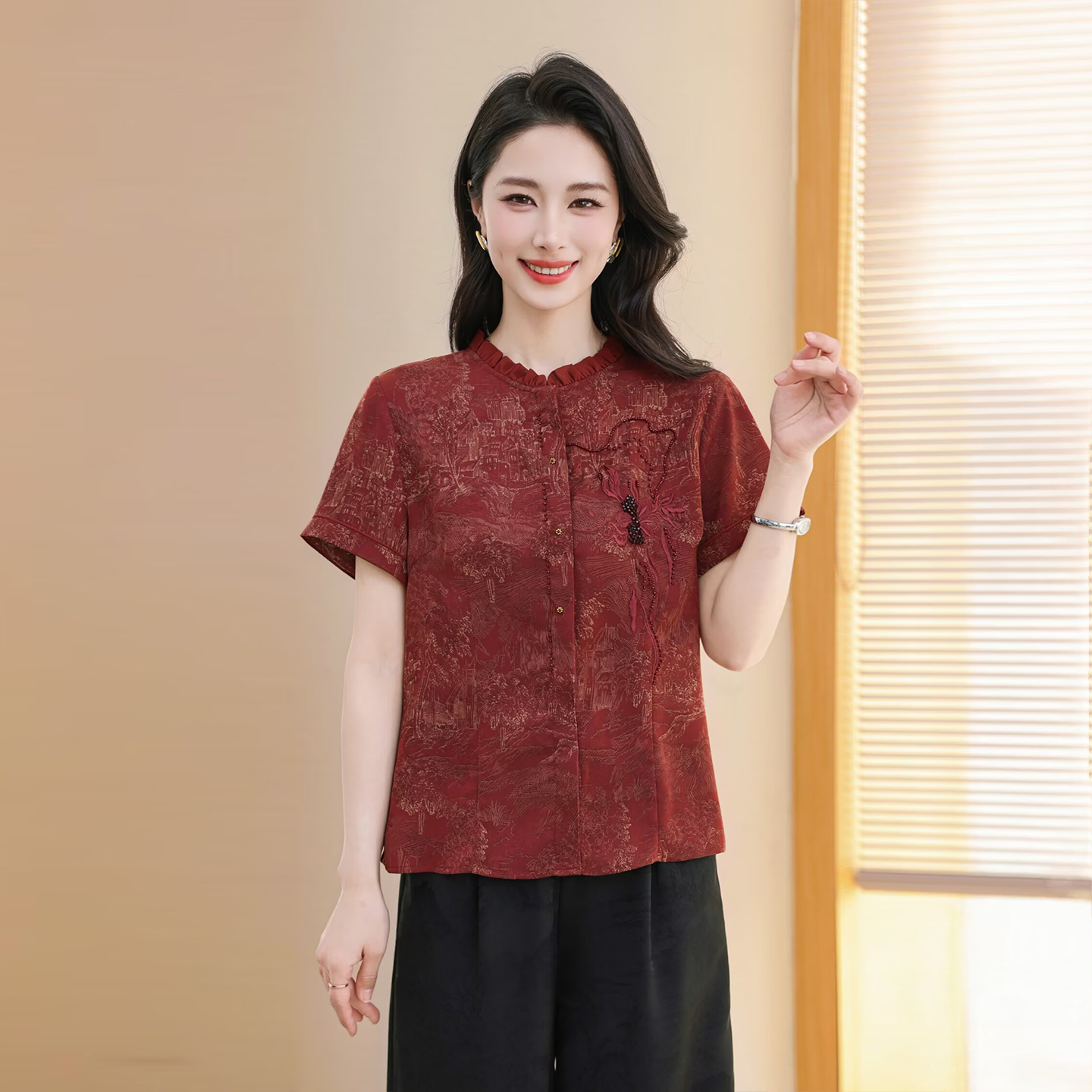 891真丝香云纱短袖中式民族风刺绣立领钉珠上衣女装2026夏季新款