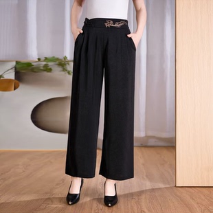 7803国风薄款高腰气质民族风垂感真丝优雅阔腿裤休闲女裤夏季