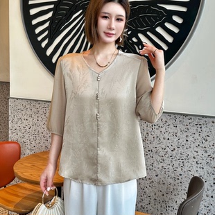 新款 夏季 真丝上衣T恤小衫 YWFF2030优雅气质国风纯色鸡心领女纱袖