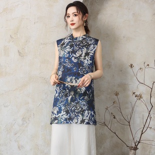 西子玫瑰2634国风立领斜襟真丝印花国风无袖 上衣T恤小衫 夏季 女装