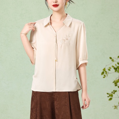 纯色丝缎优雅气质刺绣女上衣衬衫