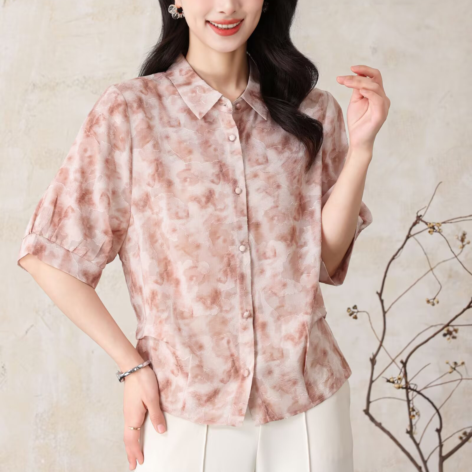 2026夏季新款气质优雅翻领真丝国风印花女装中袖上衣衬衫9621