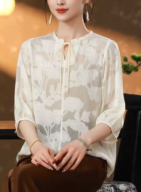 2026夏季新款气质优雅国风烂花绡真丝系带领中袖女上衣衬衫31539