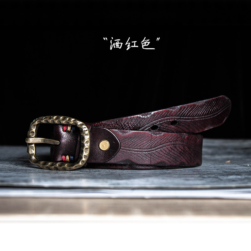 裂古牛皮铜扣男士复古条纹皮带