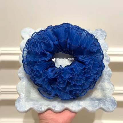 克莱因蓝～百褶纱花边缎面发圈双层定染重工大肠圈头饰发饰