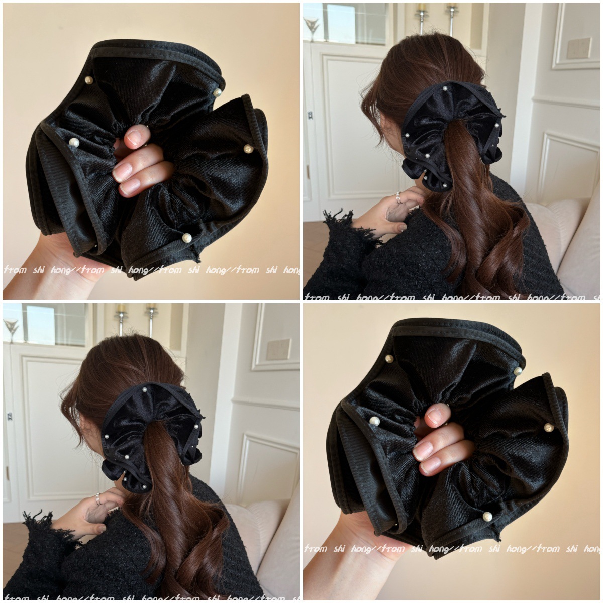 法式慵懒赫本风秋冬高级感丝绒钉珍珠大肠发圈高弹力绒布丸子头绳