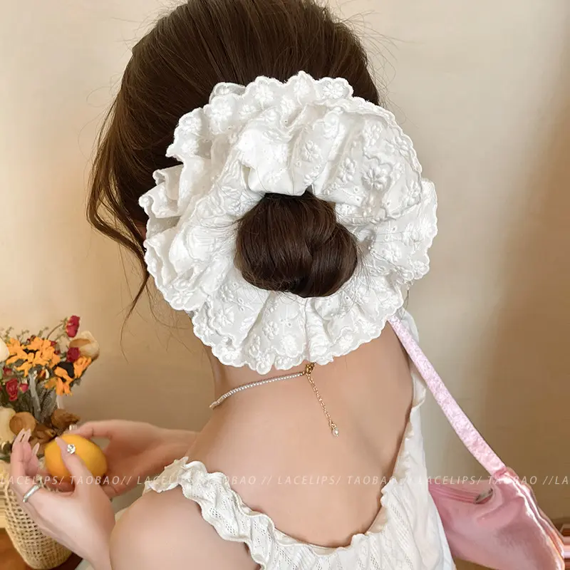 韩系白色双层蕾丝大肠发圈头绳女高级感温柔慵懒风丸子头发绳发饰