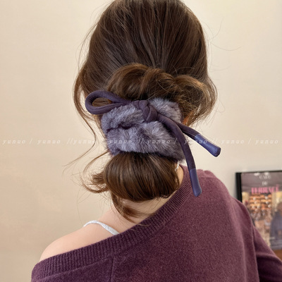 秋冬复古蝴蝶结兔毛毛绒大肠发圈头绳女2025新款高级感扎马尾皮筋
