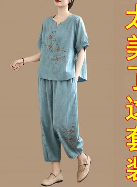新中式国风刺绣棉麻套装妈妈夏装