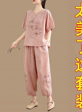 中老年妈妈冰丝棉麻两件套装女夏