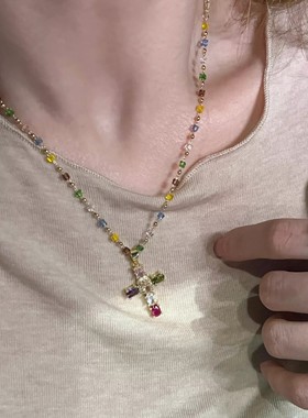 多巴胺彩色锆石十字架项链复古甜酷风小众设计个性超闪锁骨链女
