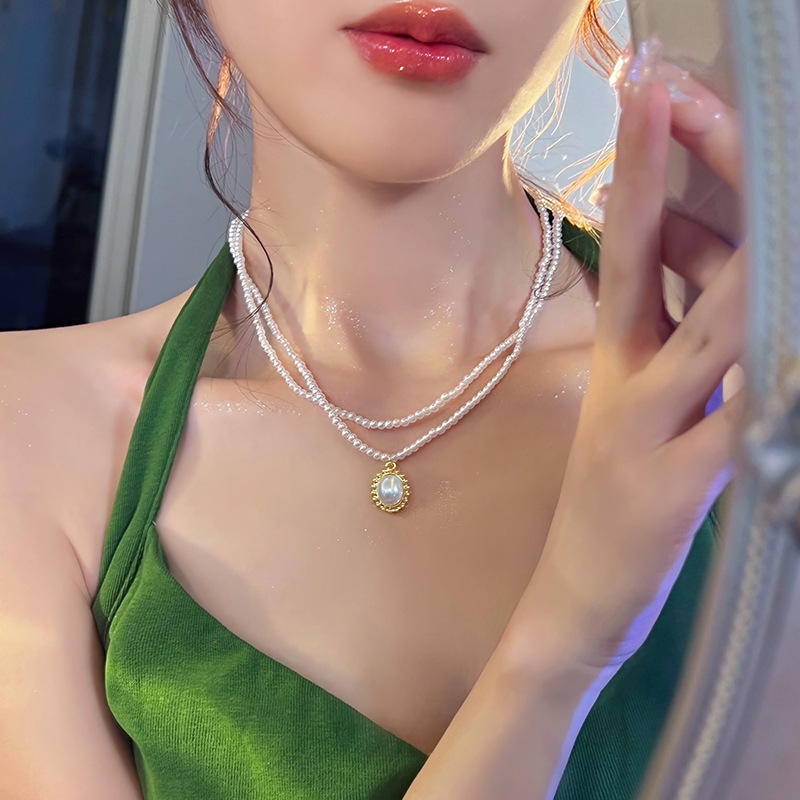 法式复古双层巴洛克珍珠吊坠项链女ins小众高级感锁骨链颈链潮