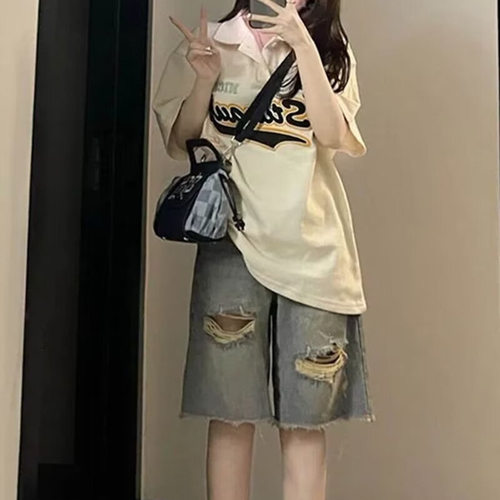 美式复古破洞五分裤夏季新款高街休闲宽松高腰做旧膝盖牛仔短裤