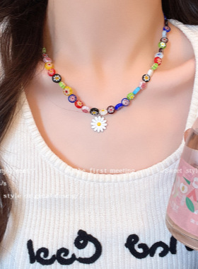 雏菊吊坠琉璃珠花朵项链日系潮手工女嘻哈彩色串珠锁骨链义乌配饰