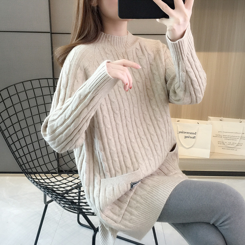 中长款毛衣女秋冬季加厚打底衫2025新款宽松复古半高领套头针织衫